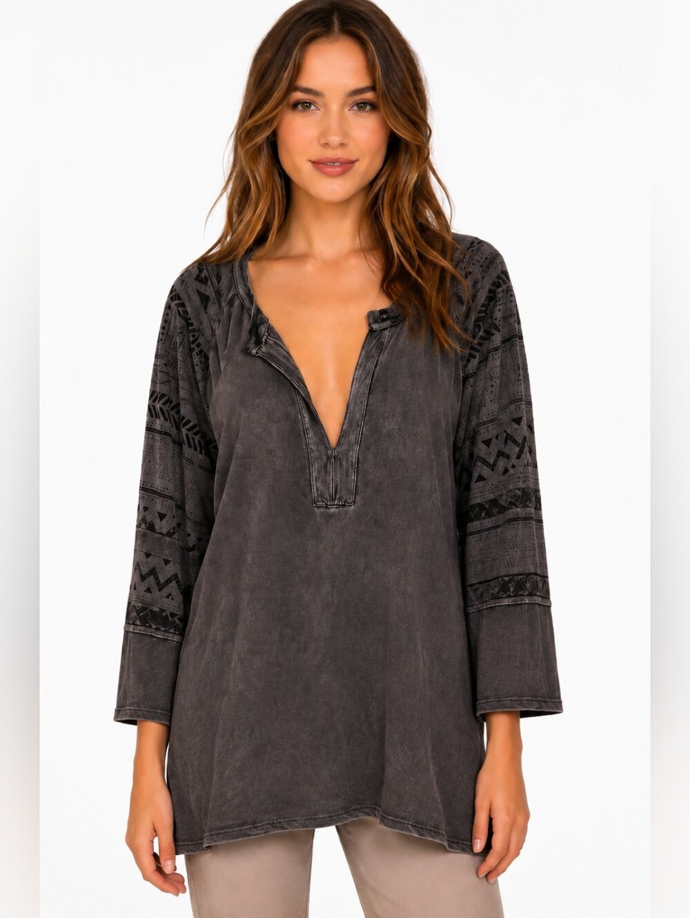 ❤️ POL SPLIT NECK OVERSIZED AZTEC JERSEY TUNIC TOP, CHARCOAL GRAY, SMALL